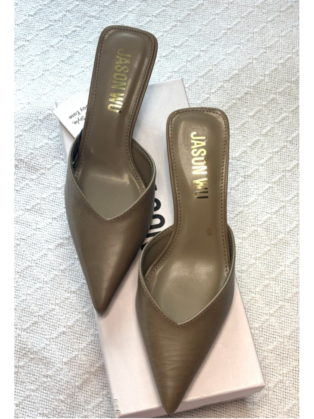Jason Wu Taupe Pointed Toe Mule Heels SZ 6.5 NIB Minimalist Normcore Torai READ